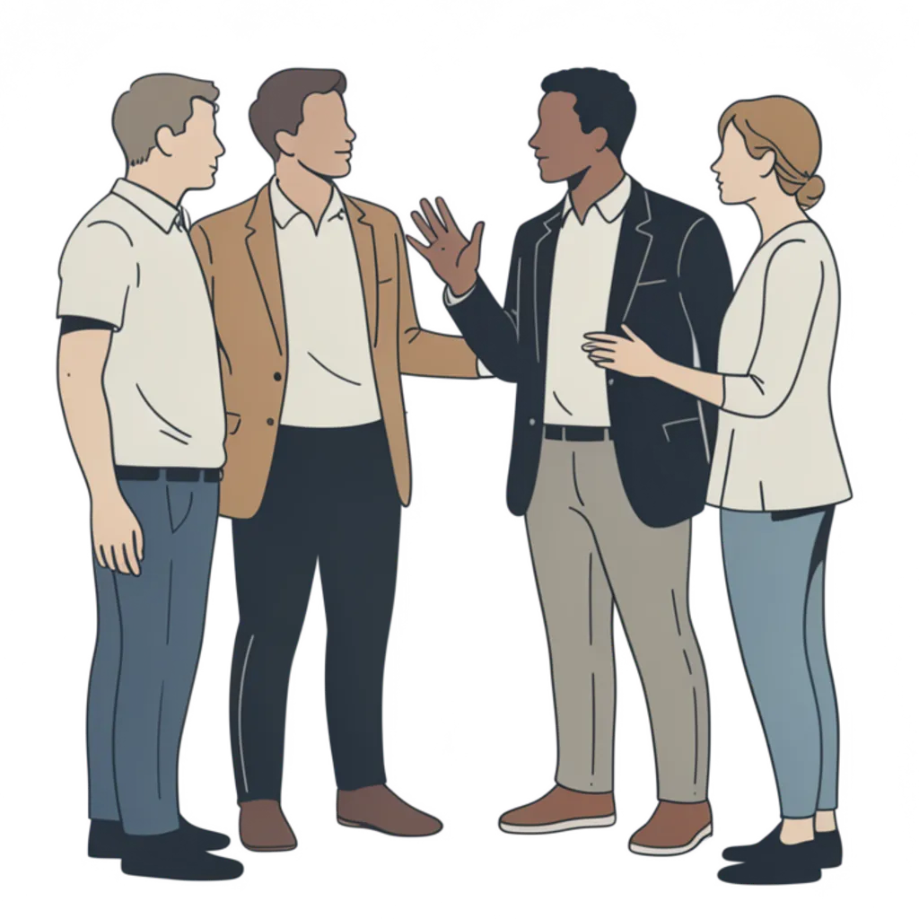 The team — three figures + birch